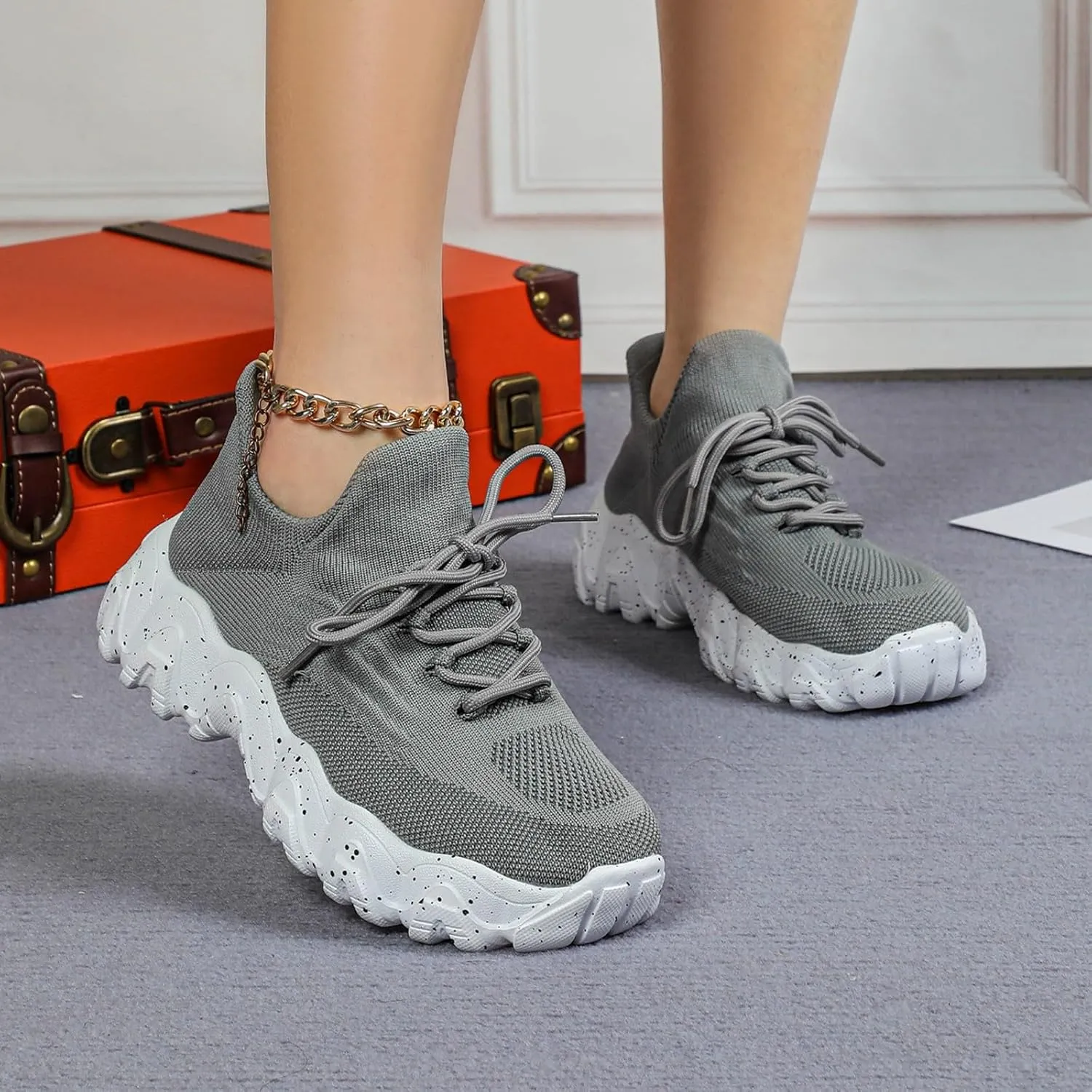 ZSpzx Women's Comfortable Breathable Knitted Sneakers, 2025 Summer Lace Up Low Top Slip On Sneakers, Casual Walking Shoes for Women,Lightweight Mesh Running Shoes,Women's Mesh Orthopedic Sneakers