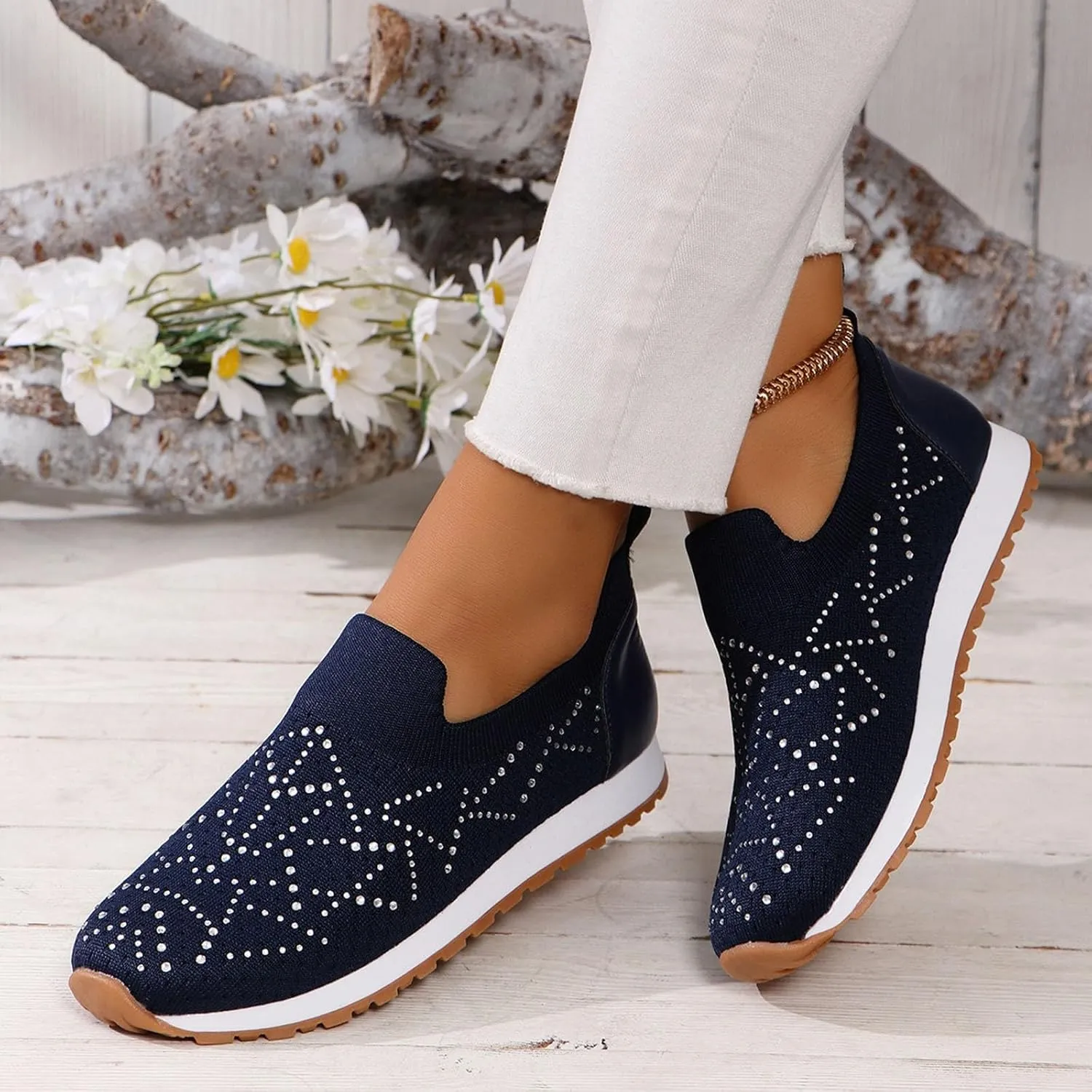 ZSpzx Women's Low-Top Slip Ons Fashion Sneakers Casual Knit Cutout Boat Shoes for Women Comfortable Flats Breathable Padded Insole Slip on Sneaker Ladies Jogging Tennis Footwear for Gym Travel