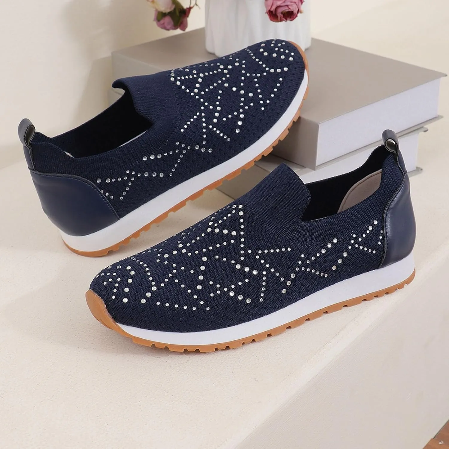 ZSpzx Women's Low-Top Slip Ons Fashion Sneakers Casual Knit Cutout Boat Shoes for Women Comfortable Flats Breathable Padded Insole Slip on Sneaker Ladies Jogging Tennis Footwear for Gym Travel