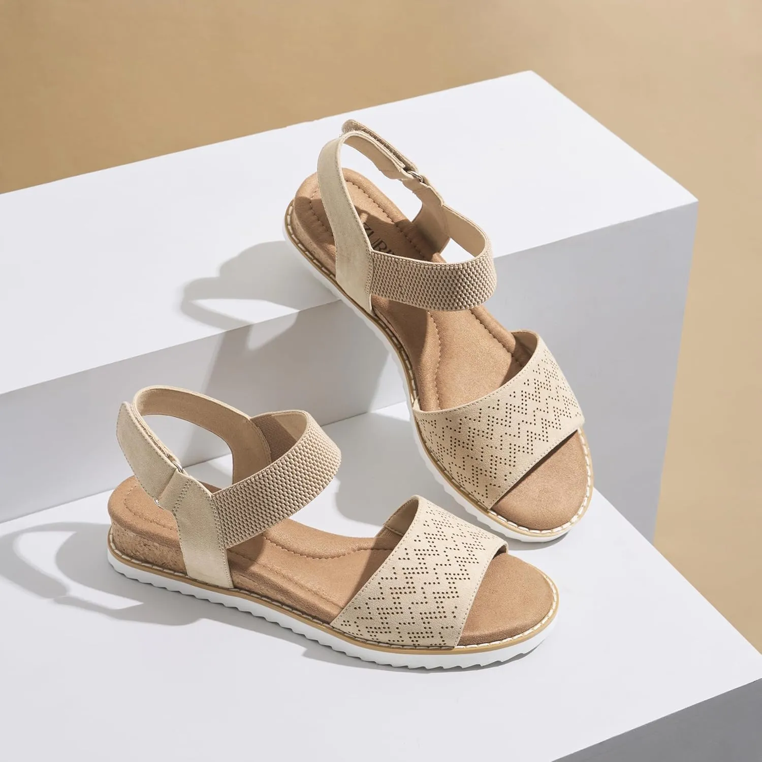 ZURIN Womens Comfortable Flat Sandals Open Toe Elastic Ankle Strap Low Wedge Sandals for Women Casual Dressy Summer