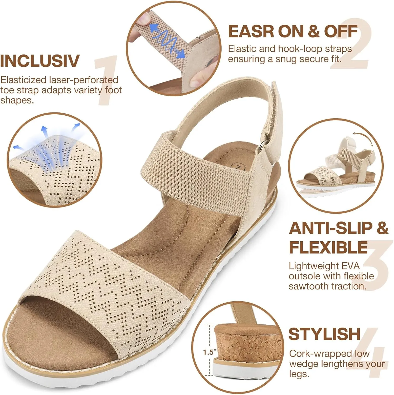 ZURIN Womens Comfortable Flat Sandals Open Toe Elastic Ankle Strap Low Wedge Sandals for Women Casual Dressy Summer