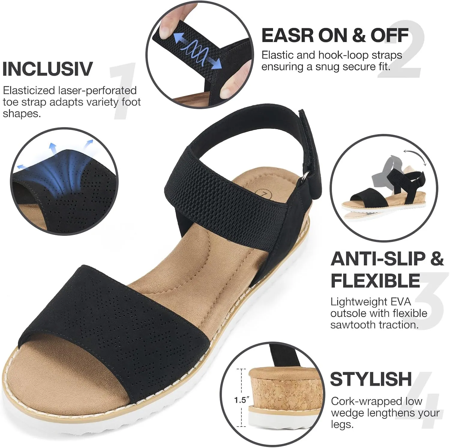 ZURIN Womens Comfortable Walking Sandals Open Toe Elastic Ankle Strap Short Flat Wedge Sandals for Women Dressy Summer