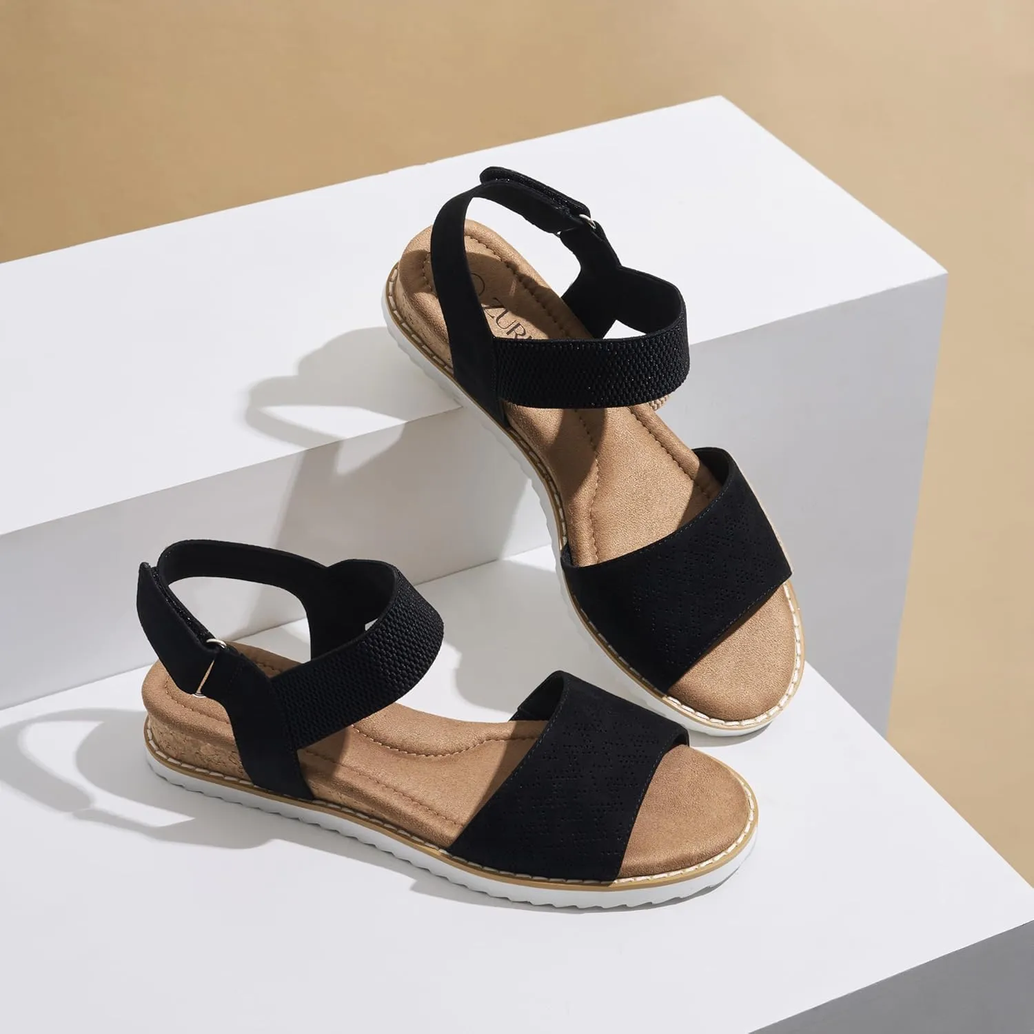 ZURIN Womens Comfortable Walking Sandals Open Toe Elastic Ankle Strap Short Flat Wedge Sandals for Women Dressy Summer