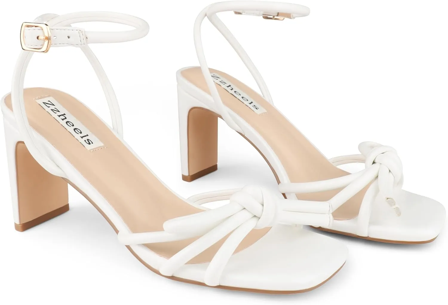 Zzheels Women's Square Toe Sandals Bowknot Chunky High Heels Strappy Bow Heels Dress Party Shoes