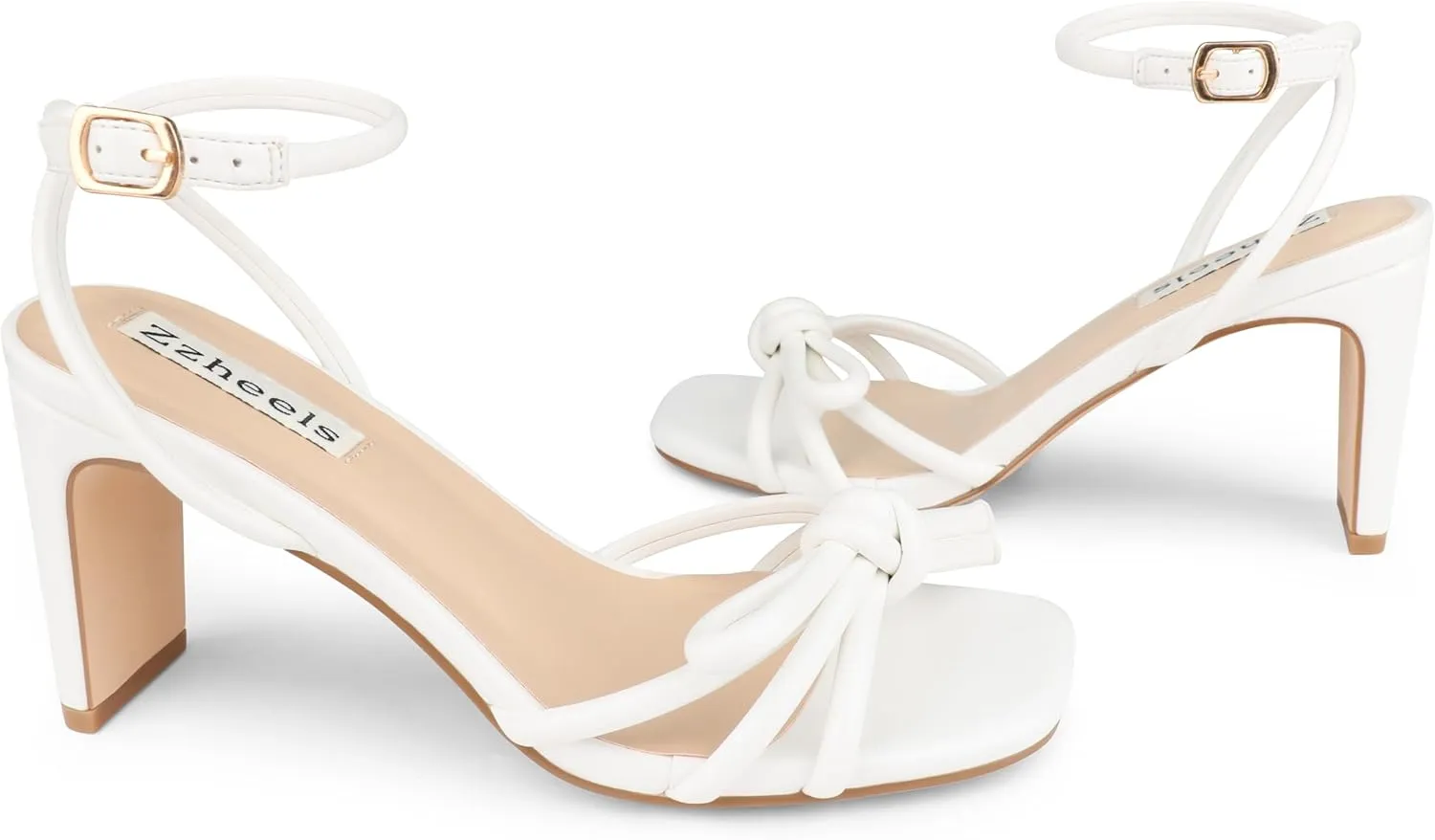Zzheels Women's Square Toe Sandals Bowknot Chunky High Heels Strappy Bow Heels Dress Party Shoes